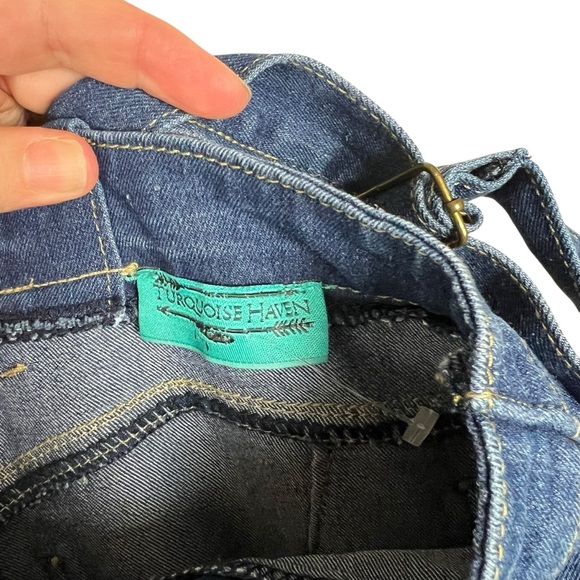 Turquoise Haven bell bottom women’s denim overalls SZ L - Picture 7 of 11